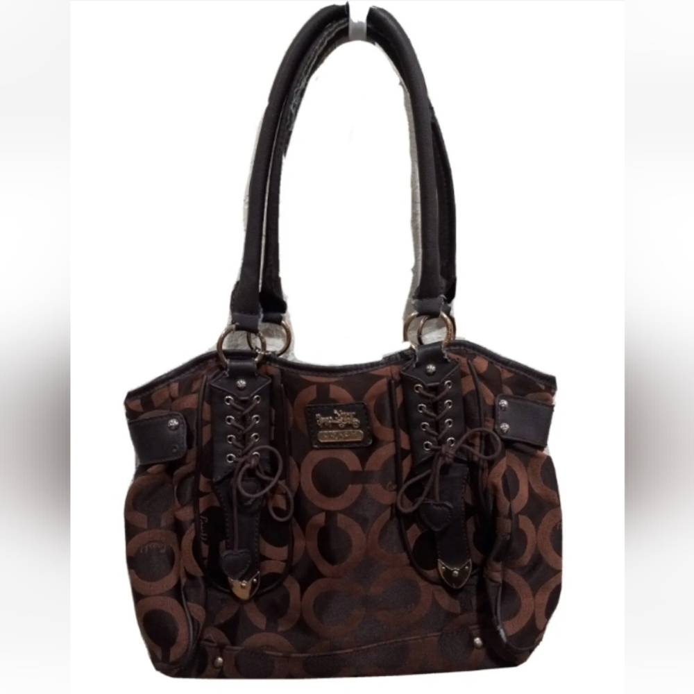 COACH Madison Maggie Mia Optic Brown Beige Canvas C Logo Hobo Shoulder Bag.